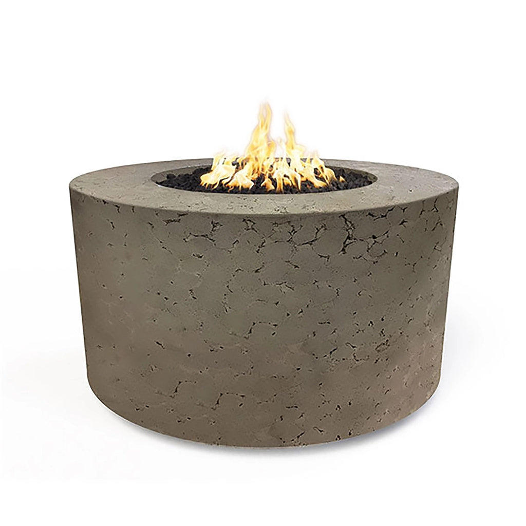 The Outdoor Plus 42" Chat Height Florence Concrete Gas Fire Pit in moss stone features a smooth surface and round design. This elegant fire pit creates a modern focal point in outdoor spaces, ideal for backyard gatherings. Perfect for those seeking durable concrete construction with a sleek look for their fire pit.