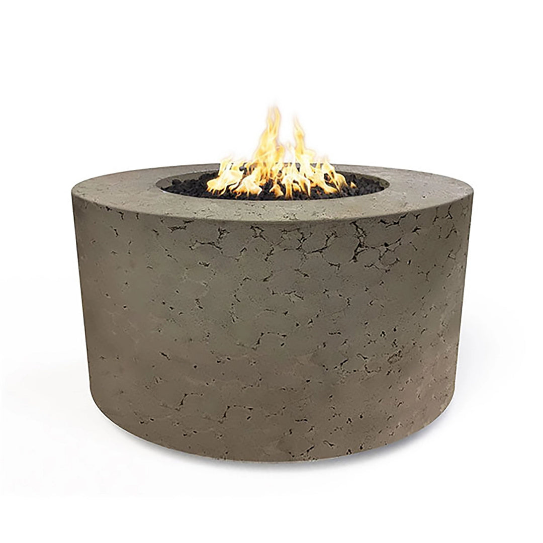 The Outdoor Plus 42" Chat Height Florence Concrete Gas Fire Pit in moss stone features a smooth surface and round design. This elegant fire pit creates a modern focal point in outdoor spaces, ideal for backyard gatherings. Perfect for those seeking durable concrete construction with a sleek look for their fire pit.