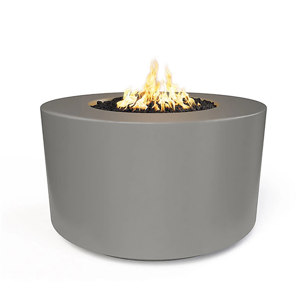 The Outdoor Plus 42" Chat Height Florence Concrete Gas Fire Pit in natural gray offers a subtle textured design that adds depth to outdoor spaces. Its rugged appearance combined with a classic round shape makes it perfect for modern and rustic outdoor settings alike. 