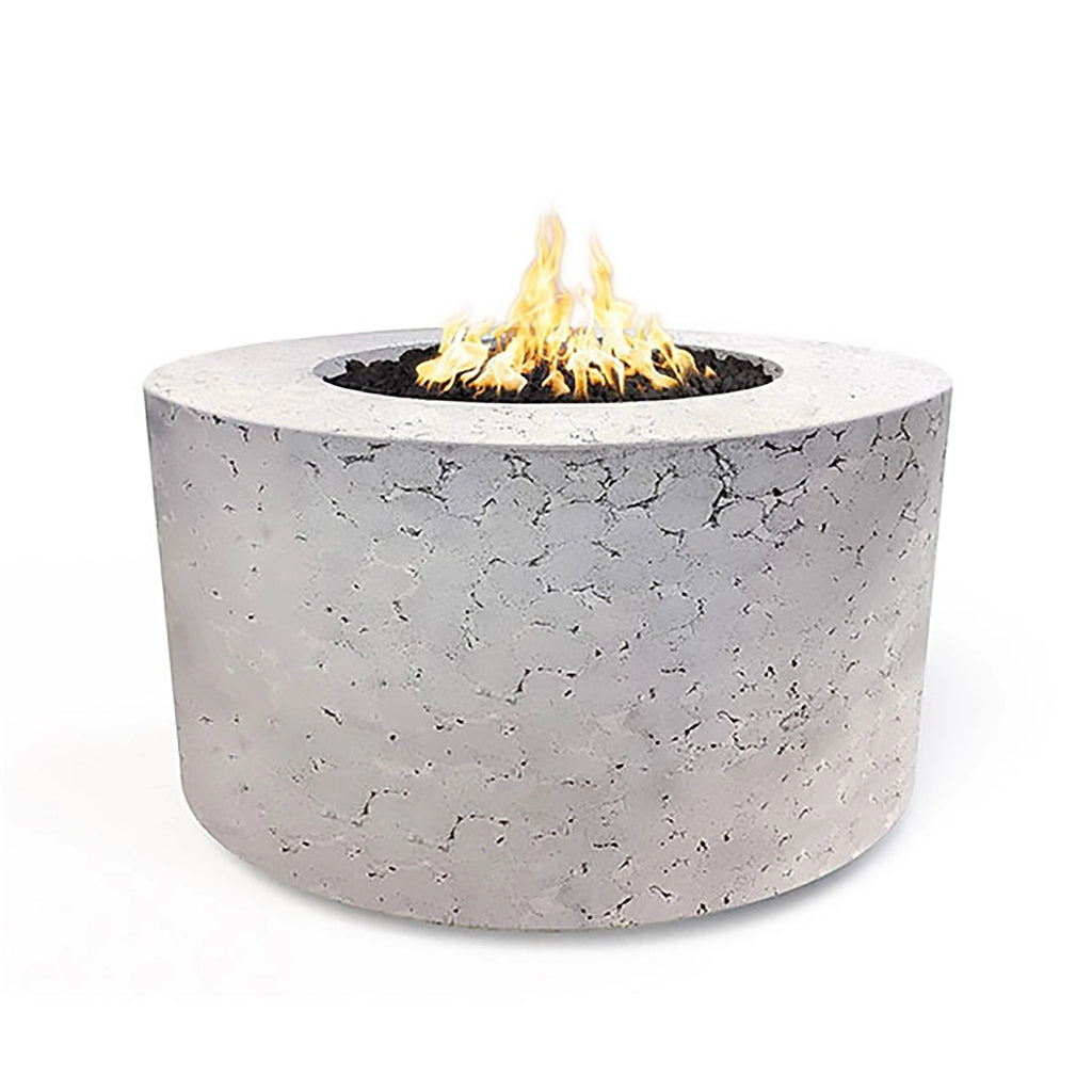 The Outdoor Plus 42" Chat Height Florence Concrete Gas Fire Pit in rustic white offers a cracked surface design, adding a distressed, natural aesthetic to outdoor areas. Its round shape and unique finish are perfect for both modern and traditional settings.