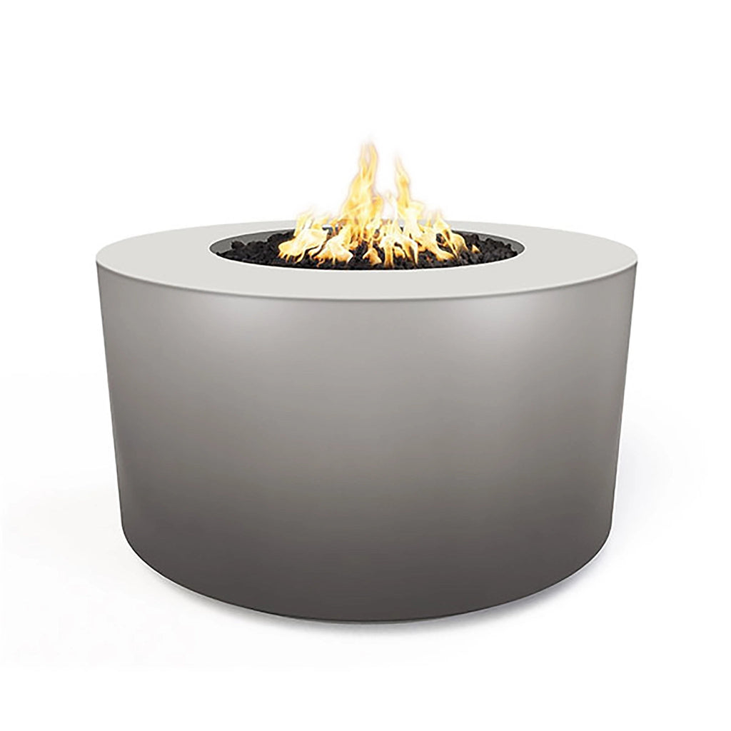The Outdoor Plus 42" Chat Height Florence Concrete Gas Fire Pit in silver offers a sleek and contemporary design. Its smooth surface and metallic silver finish create a modern statement in any outdoor living space, providing style and functionality.