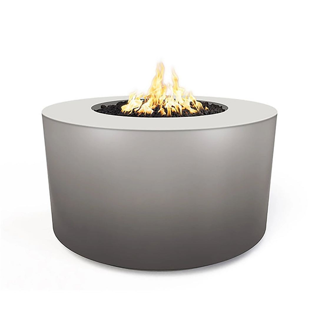 The Outdoor Plus 42" Chat Height Florence Concrete Gas Fire Pit in silver offers a sleek and contemporary design. Its smooth surface and metallic silver finish create a modern statement in any outdoor living space, providing style and functionality.