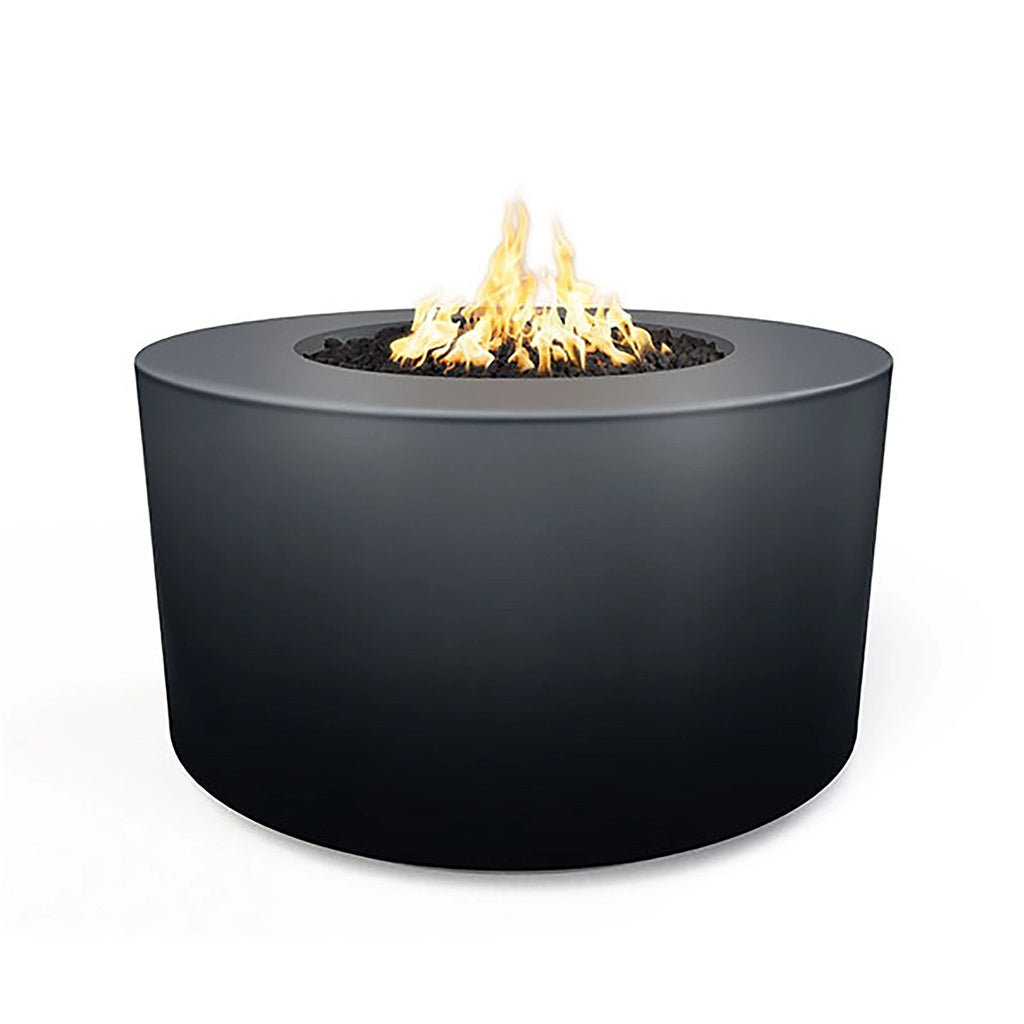 The Outdoor Plus 42" Chat Height Florence Concrete Gas Fire Pit in slate has a rough, textured finish that adds a rugged, natural element to outdoor spaces. Its dark gray tone complements a variety of outdoor aesthetics, perfect for both modern and rustic environments.