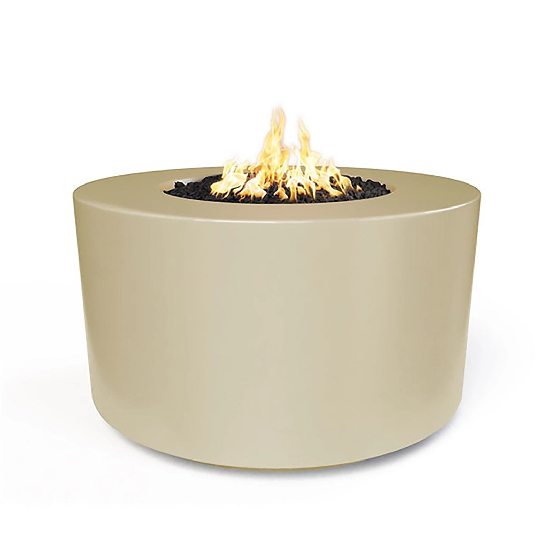 The Outdoor Plus 42" Chat Height Florence Concrete Gas Fire Pit in vanilla features a smooth and refined surface that blends well with a range of outdoor decor styles. Its light, neutral color offers versatility, making it suitable for contemporary or traditional spaces.