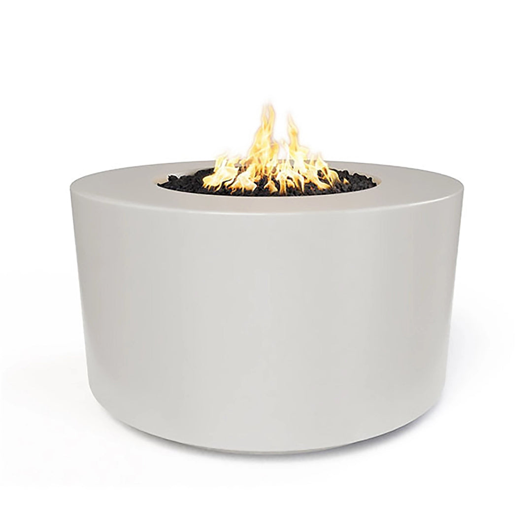 The Outdoor Plus 42" Chat Height Florence Concrete Gas Fire Pit in white limestone is polished to perfection, offering a luxurious finish ideal for upscale outdoor environments. Its light color and smooth surface enhance its modern appeal. 