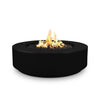 The Outdoor Plus 42-inch Occasional Height Florence Concrete Gas Fire Pit in a striking black finish. Its round design and spacious fire bowl create a stunning centerpiece for outdoor settings. Crafted from durable concrete, this fire pit is perfect for adding warmth and ambiance to any patio. Ideal for use with propane or natural gas