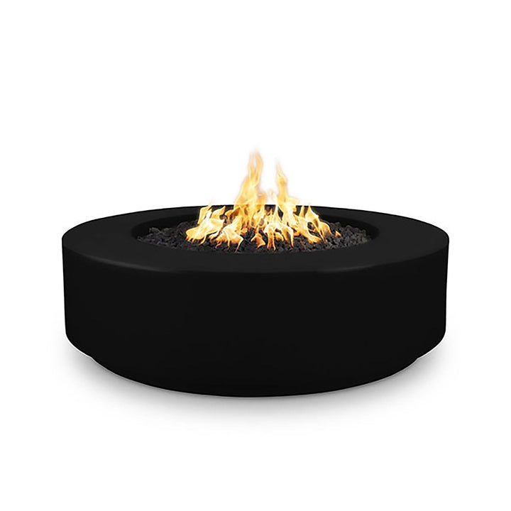 The Outdoor Plus 42-inch Occasional Height Florence Concrete Gas Fire Pit in a striking black finish. Its round design and spacious fire bowl create a stunning centerpiece for outdoor settings. Crafted from durable concrete, this fire pit is perfect for adding warmth and ambiance to any patio. Ideal for use with propane or natural gas