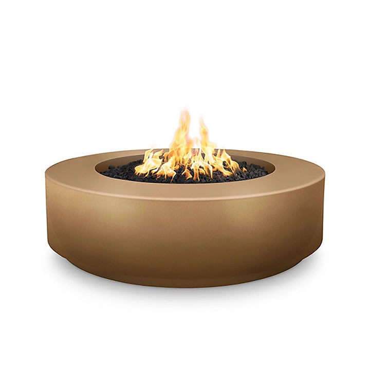 The Outdoor Plus 42-inch Occasional Height Florence Concrete Gas Fire Pit in bronze, featuring a low-profile round shape. This concrete fire pit offers a refined look that complements outdoor decor while providing a durable structure for long-lasting use. Ideal for cozy gatherings on patios or garden spaces, it operates with both propane and natural gas.