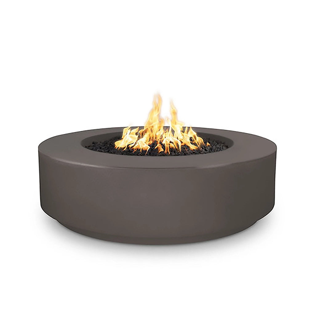 The Outdoor Plus 42-inch Occasional Height Florence Concrete Gas Fire Pit in chestnut finish, featuring a simple round design. This fire pit's concrete construction makes it durable and perfect for outdoor use. Ideal for both propane and natural gas, the chestnut color adds a warm and inviting touch to patios and backyards.