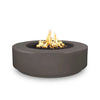 The Outdoor Plus 42-inch Occasional Height Florence Concrete Gas Fire Pit in chestnut finish, featuring a simple round design. This fire pit's concrete construction makes it durable and perfect for outdoor use. Ideal for both propane and natural gas, the chestnut color adds a warm and inviting touch to patios and backyards.