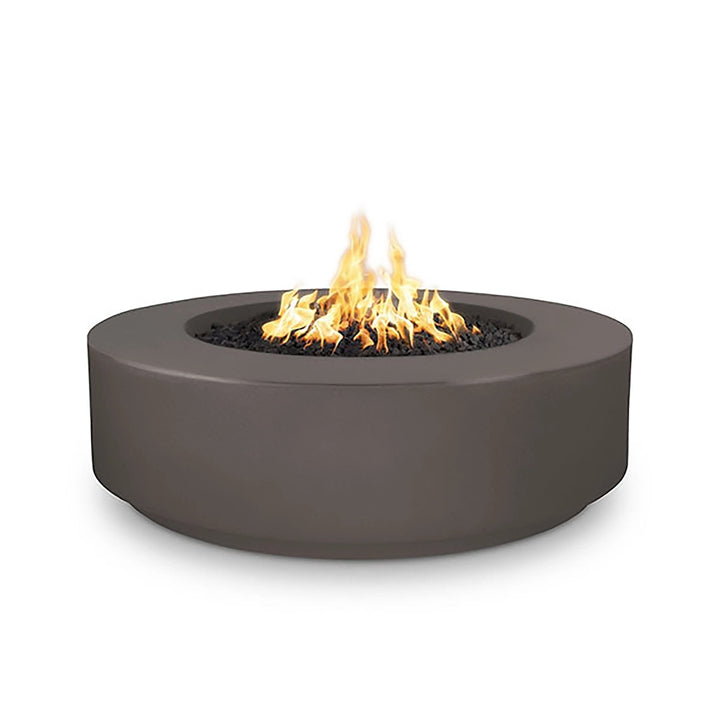The Outdoor Plus 42-inch Occasional Height Florence Concrete Gas Fire Pit in chestnut finish, featuring a simple round design. This fire pit's concrete construction makes it durable and perfect for outdoor use. Ideal for both propane and natural gas, the chestnut color adds a warm and inviting touch to patios and backyards.