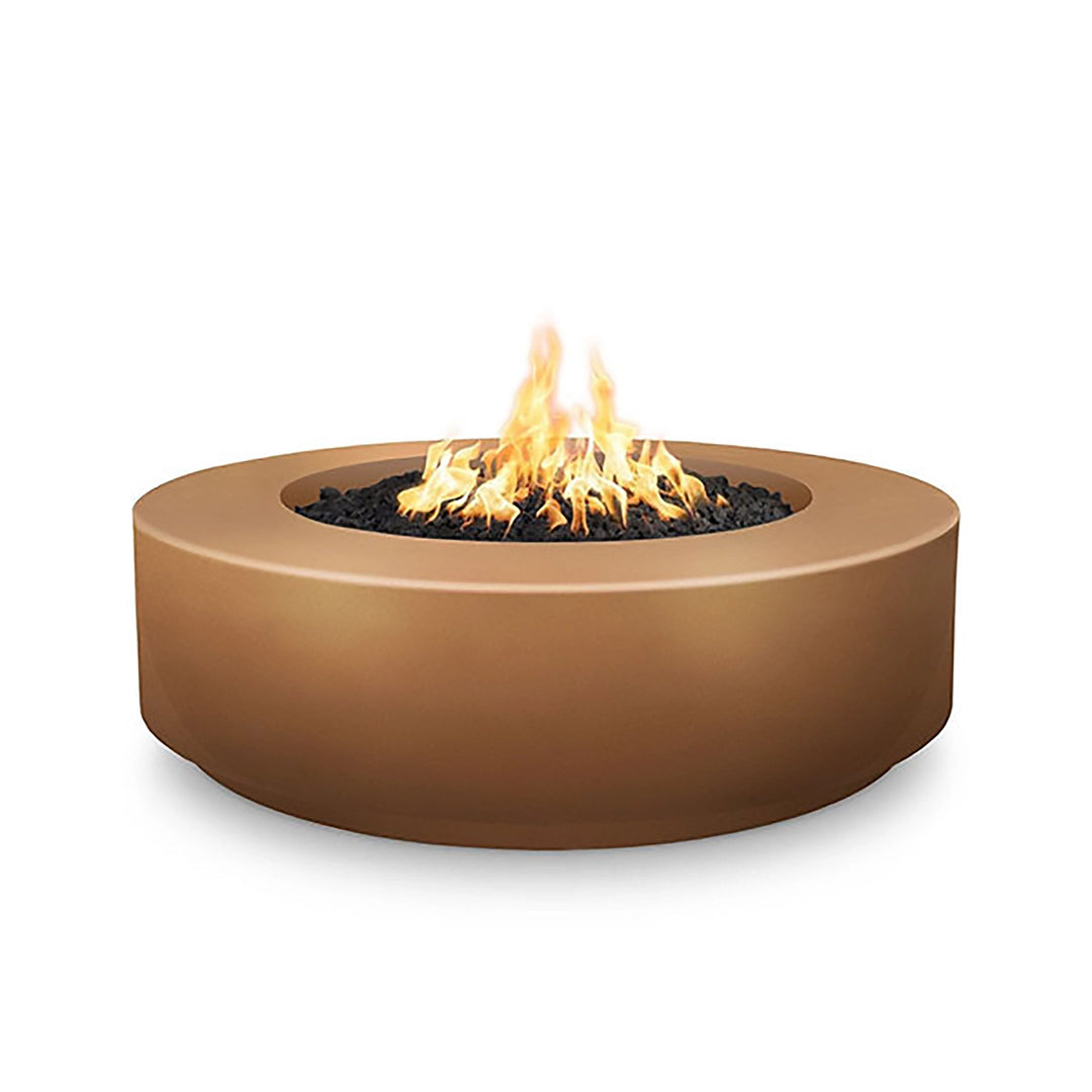The Outdoor Plus 42-inch Occasional Height Florence Concrete Gas Fire Pit in copper finish brings a unique and stylish touch to outdoor areas. Its circular shape and sturdy concrete body create a durable fire pit for backyard or patio gatherings. Available for propane and natural gas use, this copper-colored fire pit blends function with aesthetic