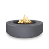 The Outdoor Plus 42-inch Occasional Height Florence Concrete Gas Fire Pit in sleek gray. Its round shape and robust concrete construction make it a standout piece for outdoor spaces. Designed for both propane and natural gas, this gray fire pit brings modern elegance and warmth to patios, decks, or garden settings.