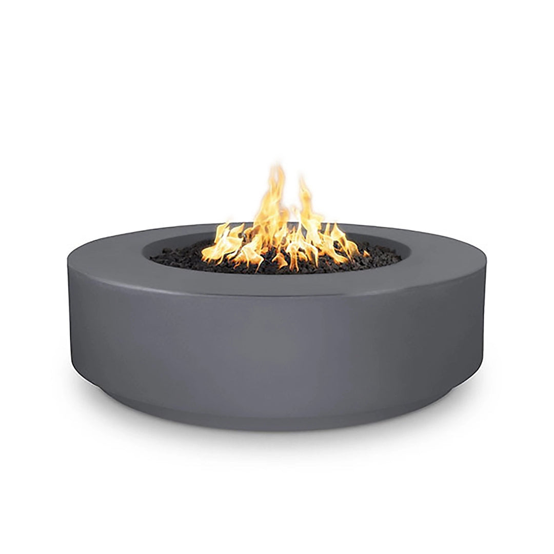 The Outdoor Plus 42-inch Occasional Height Florence Concrete Gas Fire Pit in sleek gray. Its round shape and robust concrete construction make it a standout piece for outdoor spaces. Designed for both propane and natural gas, this gray fire pit brings modern elegance and warmth to patios, decks, or garden settings.