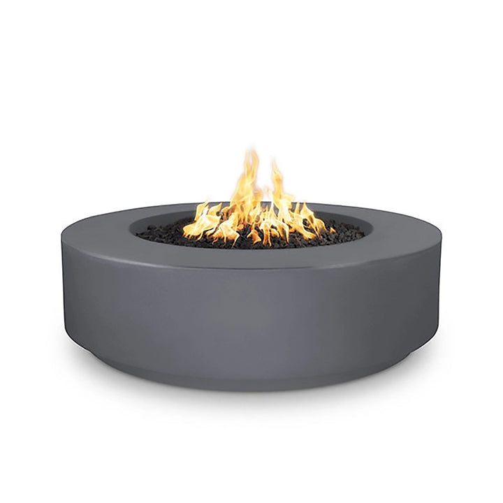 The Outdoor Plus 42-inch Occasional Height Florence Concrete Gas Fire Pit in sleek gray. Its round shape and robust concrete construction make it a standout piece for outdoor spaces. Designed for both propane and natural gas, this gray fire pit brings modern elegance and warmth to patios, decks, or garden settings.
