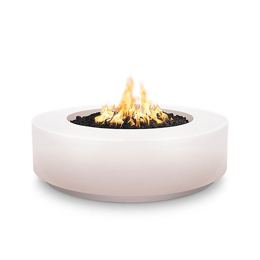 The Outdoor Plus 42" Occasional Height Florence Concrete Gas Fire Pit in Pearl White. A sleek and sophisticated round gas fire pit, perfect for contemporary outdoor spaces. Its minimalist design and smooth concrete surface add a touch of elegance to any patio or backyard. The fire pit is gas-fueled for easy and efficient heating