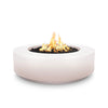 The Outdoor Plus 42" Occasional Height Florence Concrete Gas Fire Pit in Pearl White. A sleek and sophisticated round gas fire pit, perfect for contemporary outdoor spaces. Its minimalist design and smooth concrete surface add a touch of elegance to any patio or backyard. The fire pit is gas-fueled for easy and efficient heating