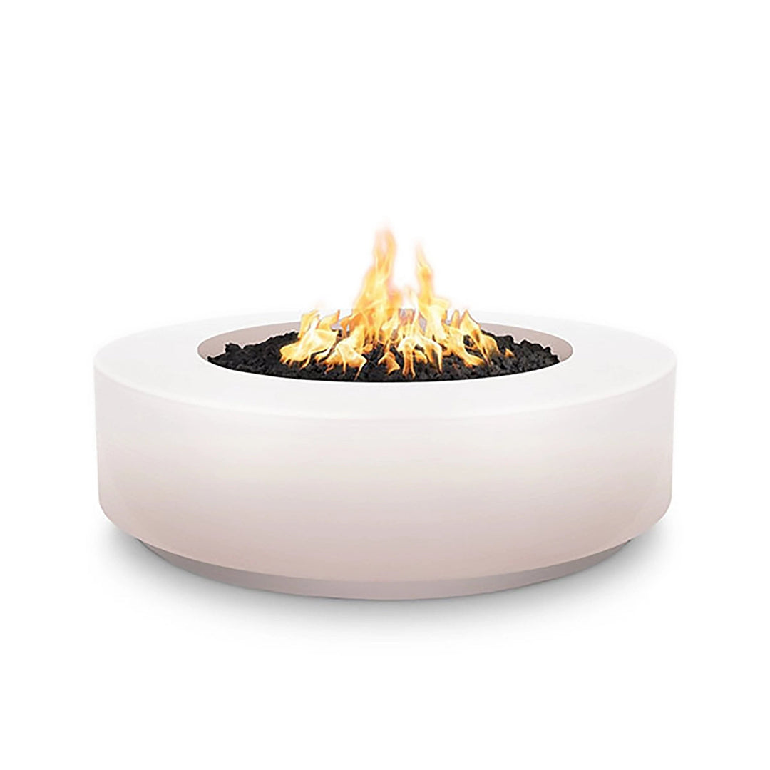 The Outdoor Plus 42" Occasional Height Florence Concrete Gas Fire Pit in Pearl White. A sleek and sophisticated round gas fire pit, perfect for contemporary outdoor spaces. Its minimalist design and smooth concrete surface add a touch of elegance to any patio or backyard. The fire pit is gas-fueled for easy and efficient heating