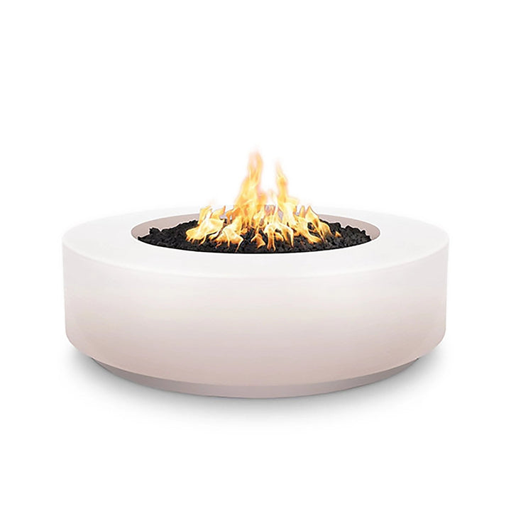 The Outdoor Plus 42" Occasional Height Florence Concrete Gas Fire Pit in Pearl White. A sleek and sophisticated round gas fire pit, perfect for contemporary outdoor spaces. Its minimalist design and smooth concrete surface add a touch of elegance to any patio or backyard. The fire pit is gas-fueled for easy and efficient heating