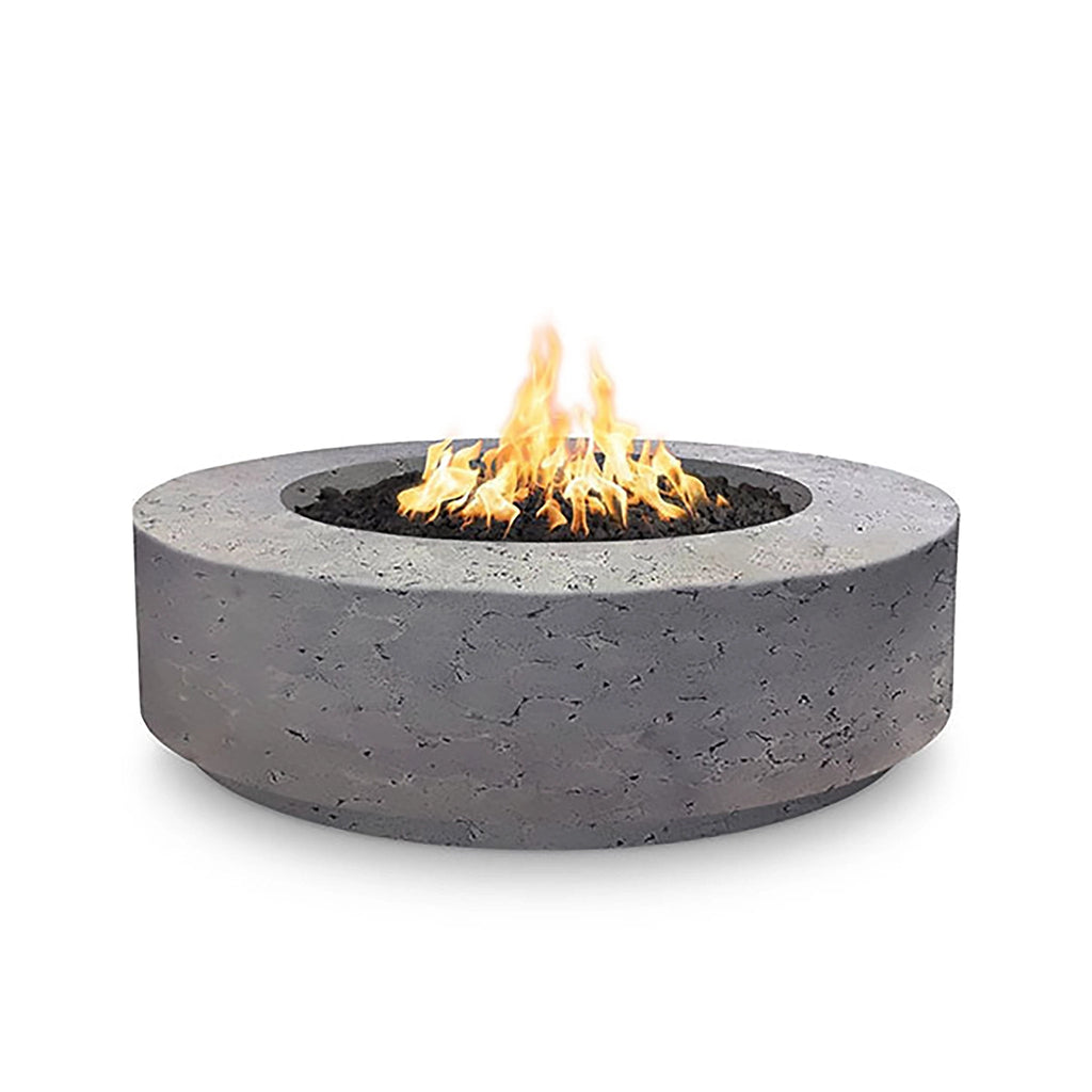 The Outdoor Plus 42" Occasional Height Florence Gas Fire Pit in Rustic Gray with a textured concrete finish. This round fire pit brings a natural, rugged look to outdoor living areas, while offering the convenience of gas heating. Designed for durability, it is ideal for contemporary or rustic-inspired patios and decks. 