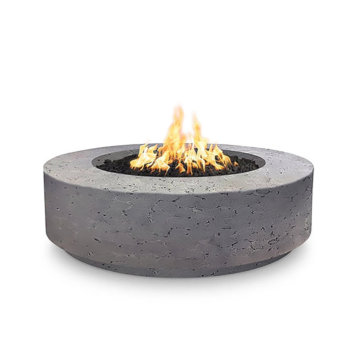 The Outdoor Plus 42" Occasional Height Florence Gas Fire Pit in Rustic Gray with a textured concrete finish. This round fire pit brings a natural, rugged look to outdoor living areas, while offering the convenience of gas heating. Designed for durability, it is ideal for contemporary or rustic-inspired patios and decks. 