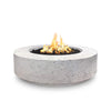 The Outdoor Plus 42" Occasional Height Florence Gas Fire Pit in Rustic White. This round concrete fire pit offers a rustic yet clean aesthetic, featuring a smooth concrete surface and a gas-powered burner. Its simple design makes it a versatile addition to any outdoor space, creating a warm and inviting atmosphere.