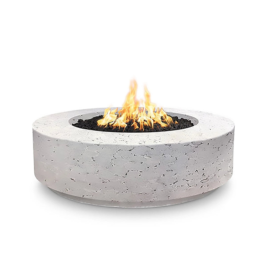 The Outdoor Plus 42" Occasional Height Florence Gas Fire Pit in Rustic White. This round concrete fire pit offers a rustic yet clean aesthetic, featuring a smooth concrete surface and a gas-powered burner. Its simple design makes it a versatile addition to any outdoor space, creating a warm and inviting atmosphere.