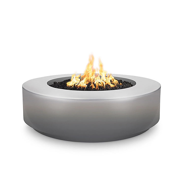  The Outdoor Plus 42" Occasional Height Florence Gas Fire Pit in a sleek Silver finish. This contemporary fire pit boasts a round, low-profile design made from durable concrete, perfect for modern outdoor settings. Equipped with a gas burner, it provides instant warmth and ambiance for patios and gardens.