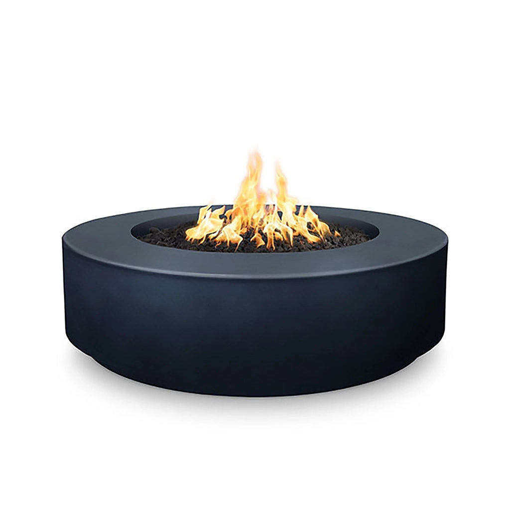 The Outdoor Plus 42" Occasional Height Florence Gas Fire Pit in Slate Gray. Featuring a minimalist round design, this concrete fire pit adds a stylish and functional element to any outdoor space. The gas-powered fire pit is built to last, providing warmth and enhancing the outdoor ambiance.