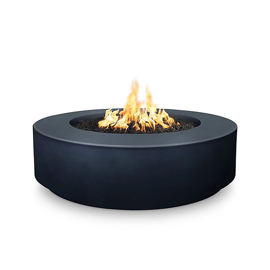 The Outdoor Plus 42" Occasional Height Florence Gas Fire Pit in Slate Gray. Featuring a minimalist round design, this concrete fire pit adds a stylish and functional element to any outdoor space. The gas-powered fire pit is built to last, providing warmth and enhancing the outdoor ambiance.