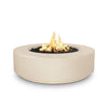 The Outdoor Plus 42" Occasional Height Florence Gas Fire Pit in Vanilla Cream finish. This round concrete fire pit features a soft, creamy tone that complements any outdoor decor. Its gas-powered flame provides a beautiful focal point for outdoor entertaining spaces, offering both warmth and style.