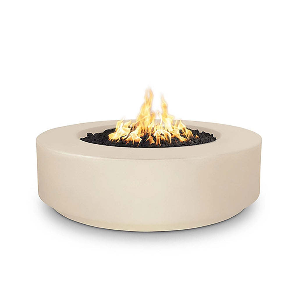 The Outdoor Plus 42" Occasional Height Florence Gas Fire Pit in Vanilla Cream finish. This round concrete fire pit features a soft, creamy tone that complements any outdoor decor. Its gas-powered flame provides a beautiful focal point for outdoor entertaining spaces, offering both warmth and style.