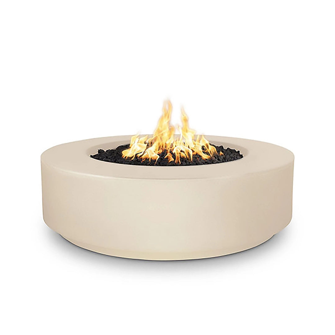 The Outdoor Plus 42" Occasional Height Florence Gas Fire Pit in Vanilla Cream finish. This round concrete fire pit features a soft, creamy tone that complements any outdoor decor. Its gas-powered flame provides a beautiful focal point for outdoor entertaining spaces, offering both warmth and style.