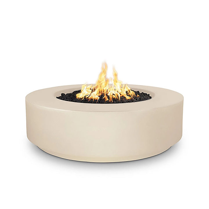 The Outdoor Plus 42" Occasional Height Florence Gas Fire Pit in Vanilla Cream finish. This round concrete fire pit features a soft, creamy tone that complements any outdoor decor. Its gas-powered flame provides a beautiful focal point for outdoor entertaining spaces, offering both warmth and style.