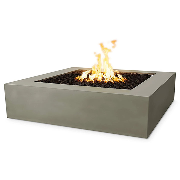 The Outdoor Plus 42" Quad Concrete Gas Fire Pit in ash gray features a sleek, minimalist square design. Crafted from durable concrete, this fire pit offers a modern and elegant solution for outdoor heating. Its clean lines and neutral gray tone make it ideal for various patio or backyard aesthetics. Includes lava rocks for a natural fire effect.