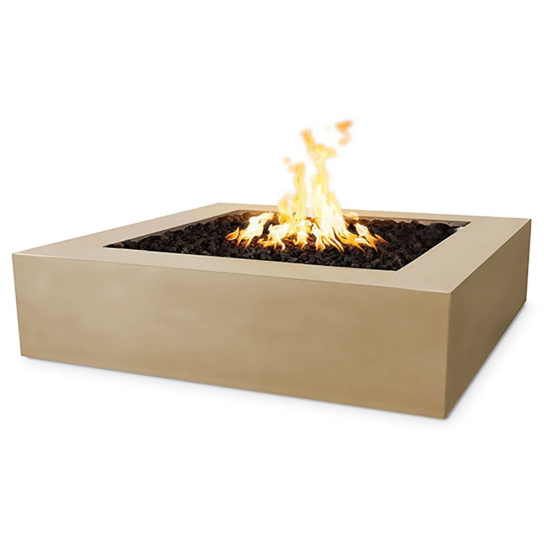The Outdoor Plus 42" Quad Concrete Gas Fire Pit in a natural brown hue offers an earthy, grounded aesthetic for outdoor spaces. Its square design pairs modern lines with rustic charm, ideal for blending into nature-inspired landscapes. Includes durable concrete construction and natural gas burner for a consistent flame.