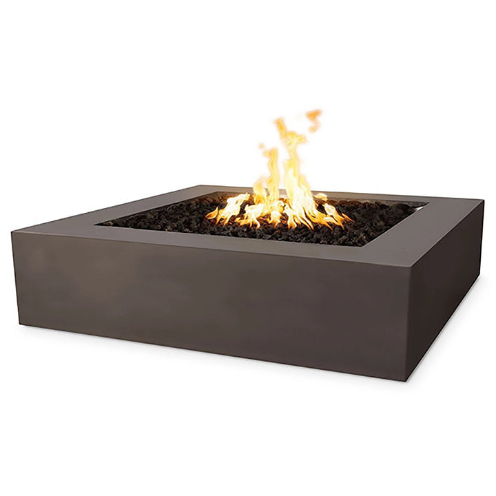 The Outdoor Plus 42" Quad Concrete Gas Fire Pit in chestnut brown features a warm, inviting tone, perfect for cozy outdoor setups. This square concrete fire pit is both modern and functional, providing a stylish centerpiece for patios or backyards. The natural gas burner produces a consistent flame, creating an intimate outdoor ambiance.