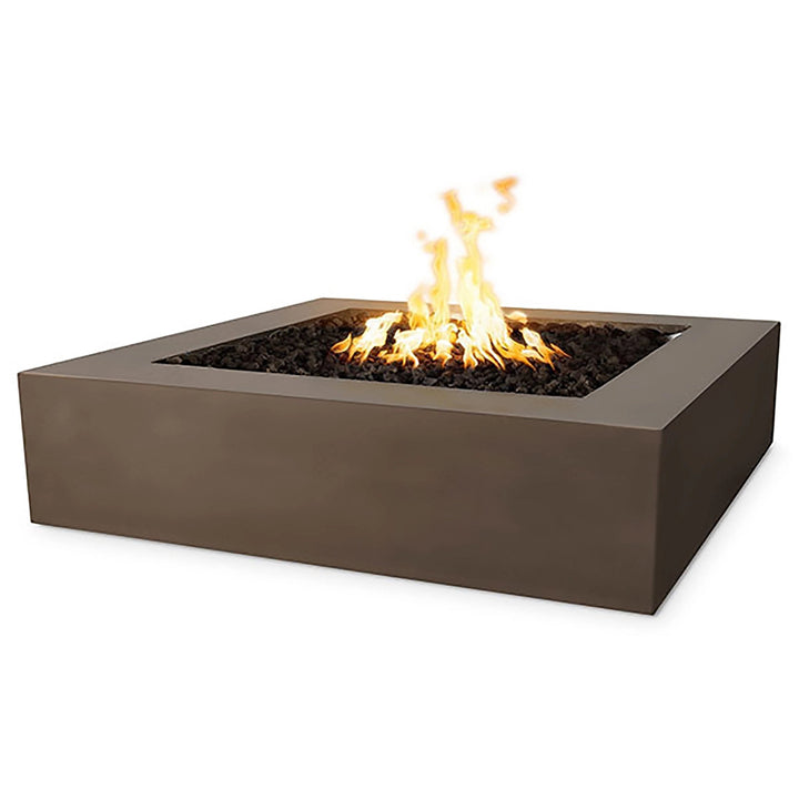 The Outdoor Plus 42" Quad Concrete Gas Fire Pit in rich chocolate brown offers a deep-toned, elegant design for any outdoor space. The modern square structure is complemented by the durable concrete finish, providing both style and long-lasting use. Lava rocks and a natural gas burner add to the authentic fire experience.