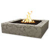 The Outdoor Plus 42" Quad Concrete Gas Fire Pit in moss stone finish, featuring a textured surface that adds a natural, rustic appearance to your outdoor space. The square fire pit design with clean edges provides a modern yet rugged touch. Ideal for large patios or backyards, this fire pit is perfect for creating a cozy outdoor environment. 