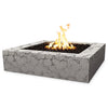 The Outdoor Plus 42" Quad Concrete Gas Fire Pit in rustic gray features a natural, cracked stone pattern, enhancing its rustic appeal. This square-shaped fire pit offers a balance of durability and style, providing a central gathering spot for outdoor relaxation. Ideal for natural or rustic-themed outdoor spaces.