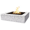 The Outdoor Plus 42" Quad Concrete Gas Fire Pit in rustic white, featuring a distressed finish that evokes a vintage, weathered look. Perfect for outdoor spaces that incorporate rustic or antique design elements. The square shape and durable concrete make it a practical yet stylish addition to any backyard or patio.