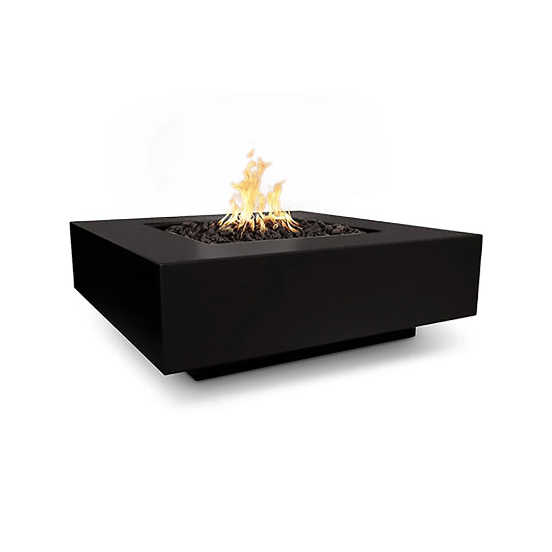 The Outdoor Plus 48" Cabo Square Concrete Gas Fire Pit in black finish showcases a sleek and bold look, making it a perfect centerpiece for any patio or outdoor lounge area. Its clean, square structure is paired with a rich black color for a modern, high-end aesthetic. It features a powerful gas burner with black lava rock. Ideal for contemporary outdoor spaces.