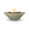 The Outdoor Plus 48" Cazo Wide Ledge Concrete Gas Fire Pit in ash color, featuring a wide ledge for added functionality. Its smooth concrete finish complements outdoor spaces, providing a modern and minimalist look. Designed with a circular bowl shape, this gas fire pit is ideal for contemporary patios and backyards, making it a great focal point for outdoor gatherings.