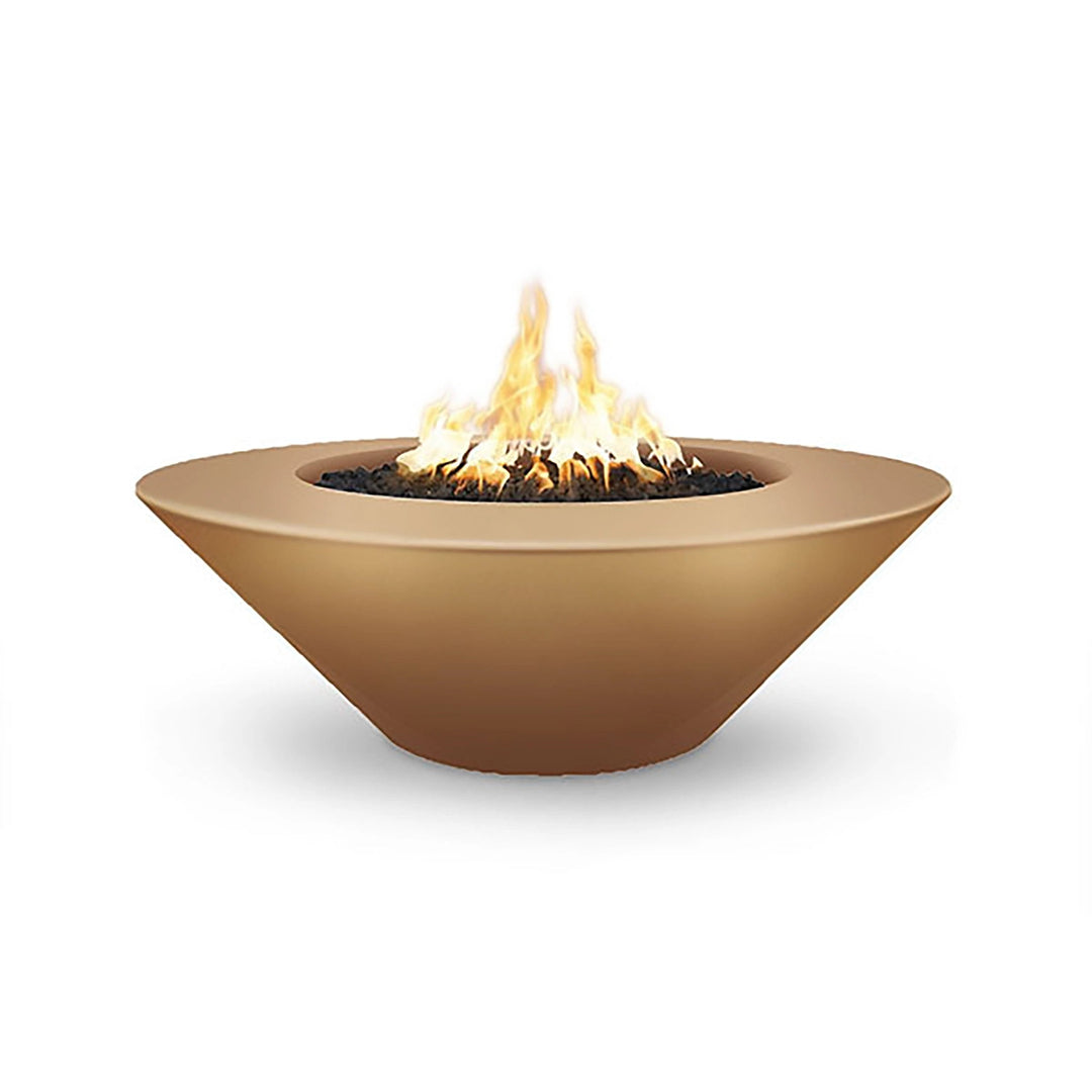 The Outdoor Plus 48" Cazo Wide Ledge Concrete Gas Fire Pit in a luxurious bronze finish. Featuring a broad ledge, this fire pit combines style and function, ideal for placing accessories. The smooth bronze surface complements outdoor decor with warmth and elegance, while the gas burner delivers efficient heat for relaxing evenings.