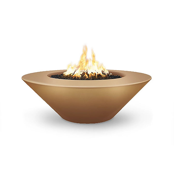 The Outdoor Plus 48" Cazo Wide Ledge Concrete Gas Fire Pit in a luxurious bronze finish. Featuring a broad ledge, this fire pit combines style and function, ideal for placing accessories. The smooth bronze surface complements outdoor decor with warmth and elegance, while the gas burner delivers efficient heat for relaxing evenings.