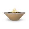 The Outdoor Plus 48" Cazo Wide Ledge Concrete Gas Fire Pit in brown, offering a rustic yet refined outdoor centerpiece. The wide ledge provides practical use while maintaining a rustic charm with its textured brown concrete. Ideal for both contemporary and traditional outdoor settings, this fire pit enhances the outdoor experience with its design and functionality.