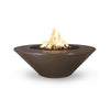 The Outdoor Plus 48" Cazo Wide Ledge Concrete Gas Fire Pit in a rich chestnut color. This modern concrete fire pit features a wide ledge, perfect for outdoor entertaining. Its simple and elegant design seamlessly fits into contemporary outdoor spaces, offering both visual appeal and practical utility. 