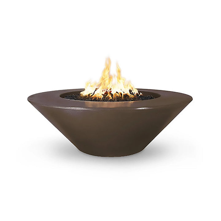 The Outdoor Plus 48" Cazo Wide Ledge Concrete Gas Fire Pit in a rich chestnut color. This modern concrete fire pit features a wide ledge, perfect for outdoor entertaining. Its simple and elegant design seamlessly fits into contemporary outdoor spaces, offering both visual appeal and practical utility. 