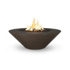 The Outdoor Plus 48" Cazo Wide Ledge Concrete Gas Fire Pit in a refined chocolate finish. Its wide ledge adds functionality, while the smooth chocolate brown surface enhances the aesthetic of any outdoor space. Designed to be a functional centerpiece for patios, it provides warmth and ambiance with a sleek, modern look.