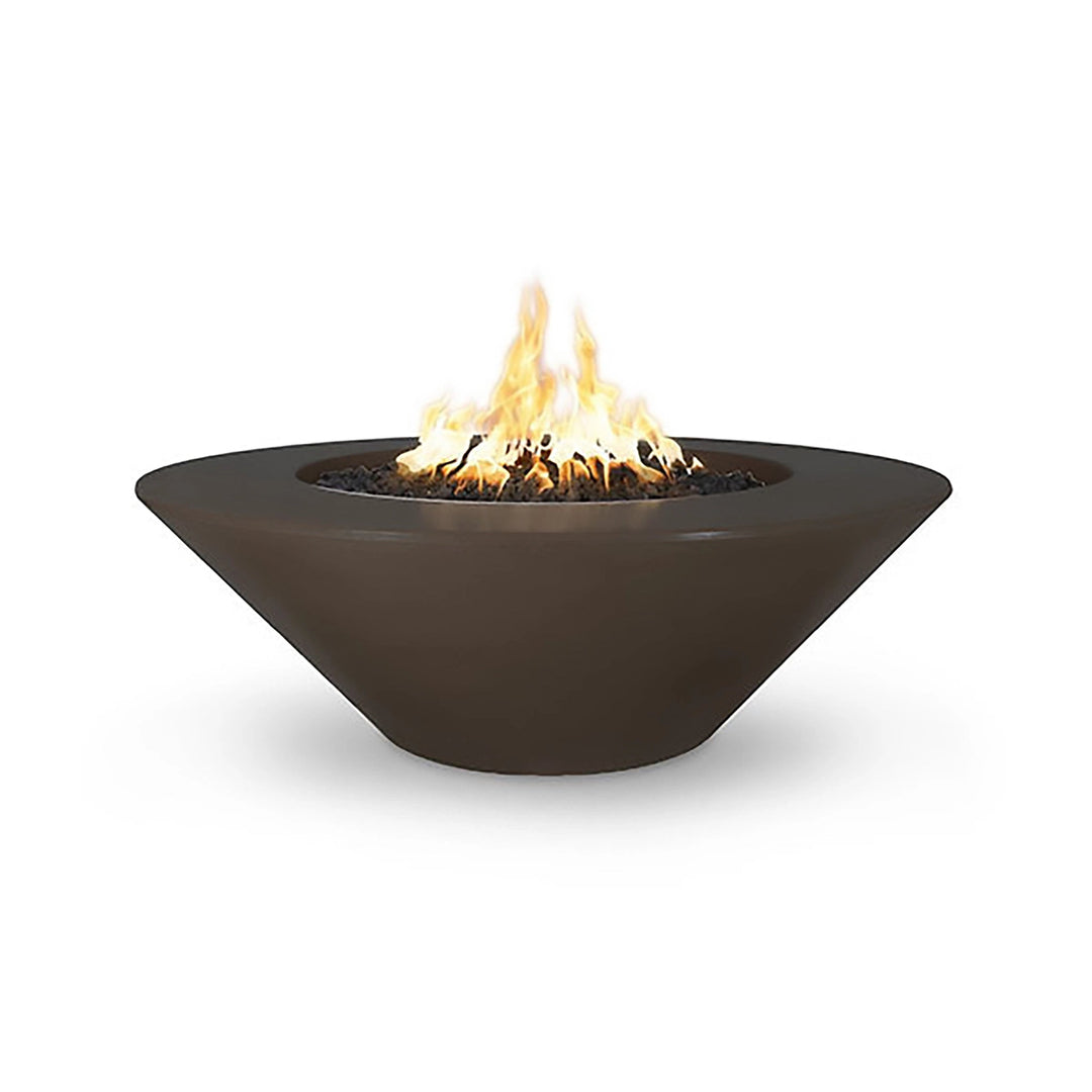 The Outdoor Plus 48" Cazo Wide Ledge Concrete Gas Fire Pit in a refined chocolate finish. Its wide ledge adds functionality, while the smooth chocolate brown surface enhances the aesthetic of any outdoor space. Designed to be a functional centerpiece for patios, it provides warmth and ambiance with a sleek, modern look.